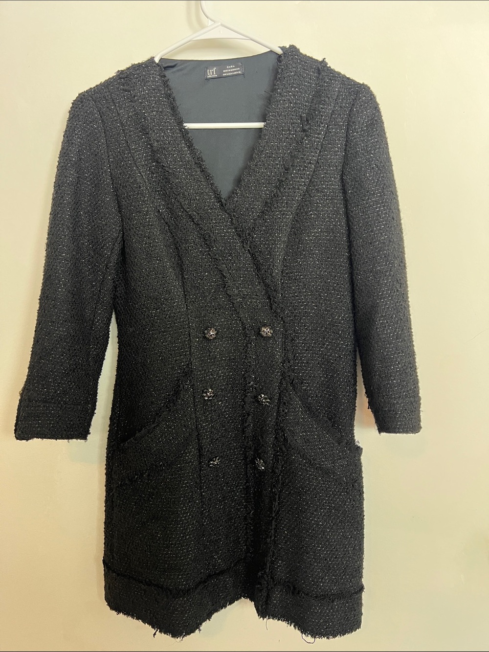 Zara Black Textured Tweed Coatigan Blazer